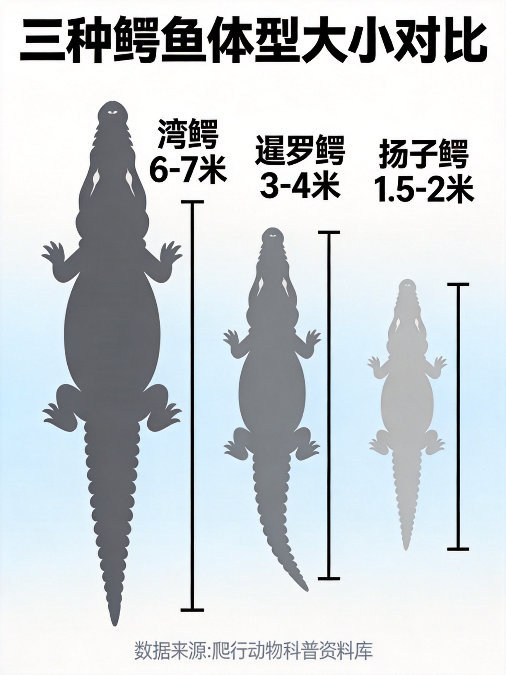 三种鳄鱼体型对比示意图