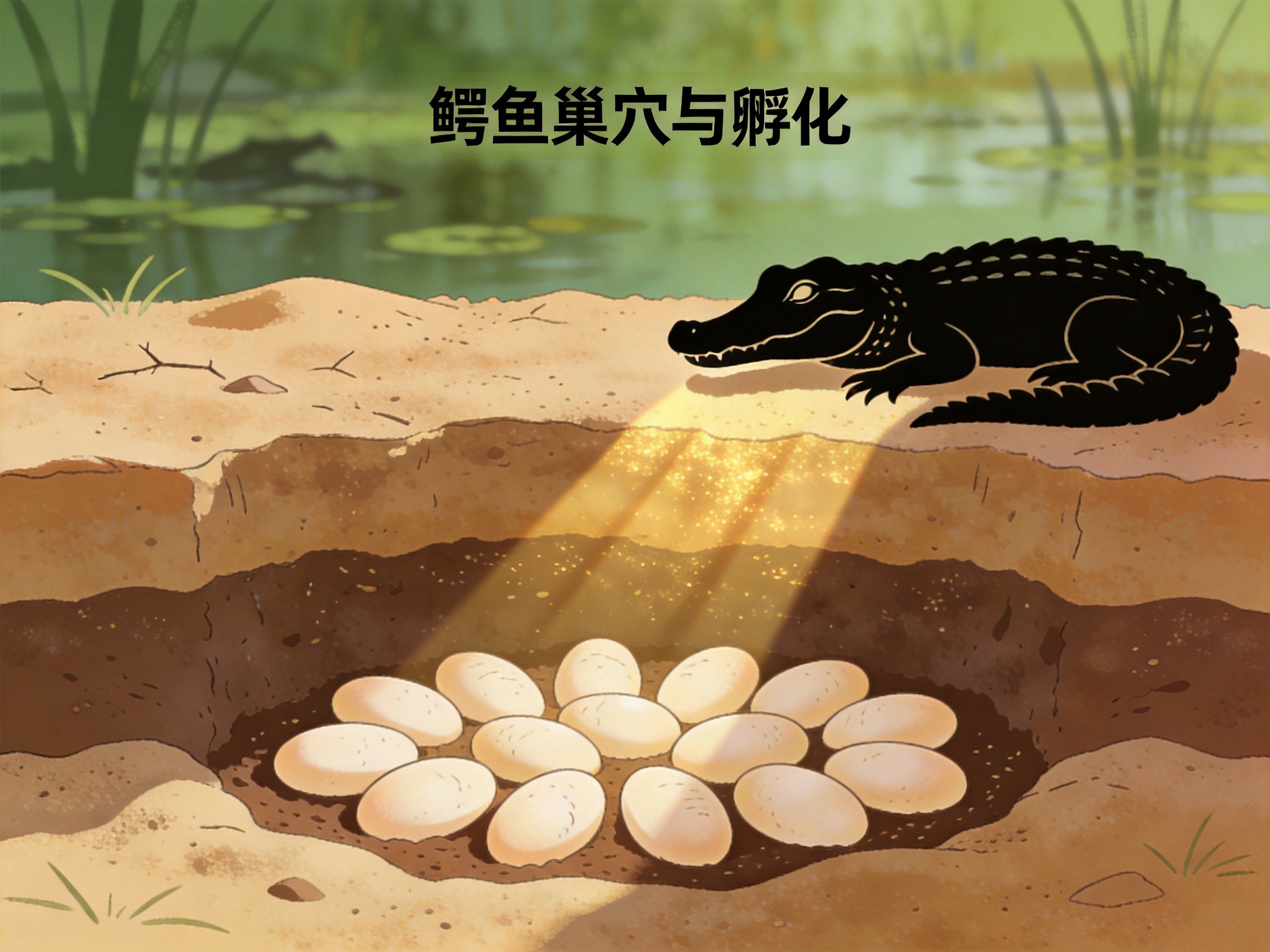 鳄鱼巢穴与温度决定性别示意图