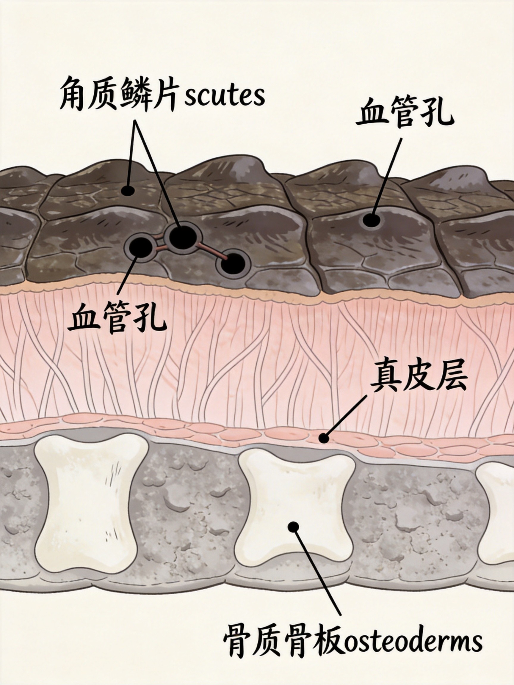 鳄鱼皮结构示意图:角质鳞片与骨质骨板的双层复合结构
